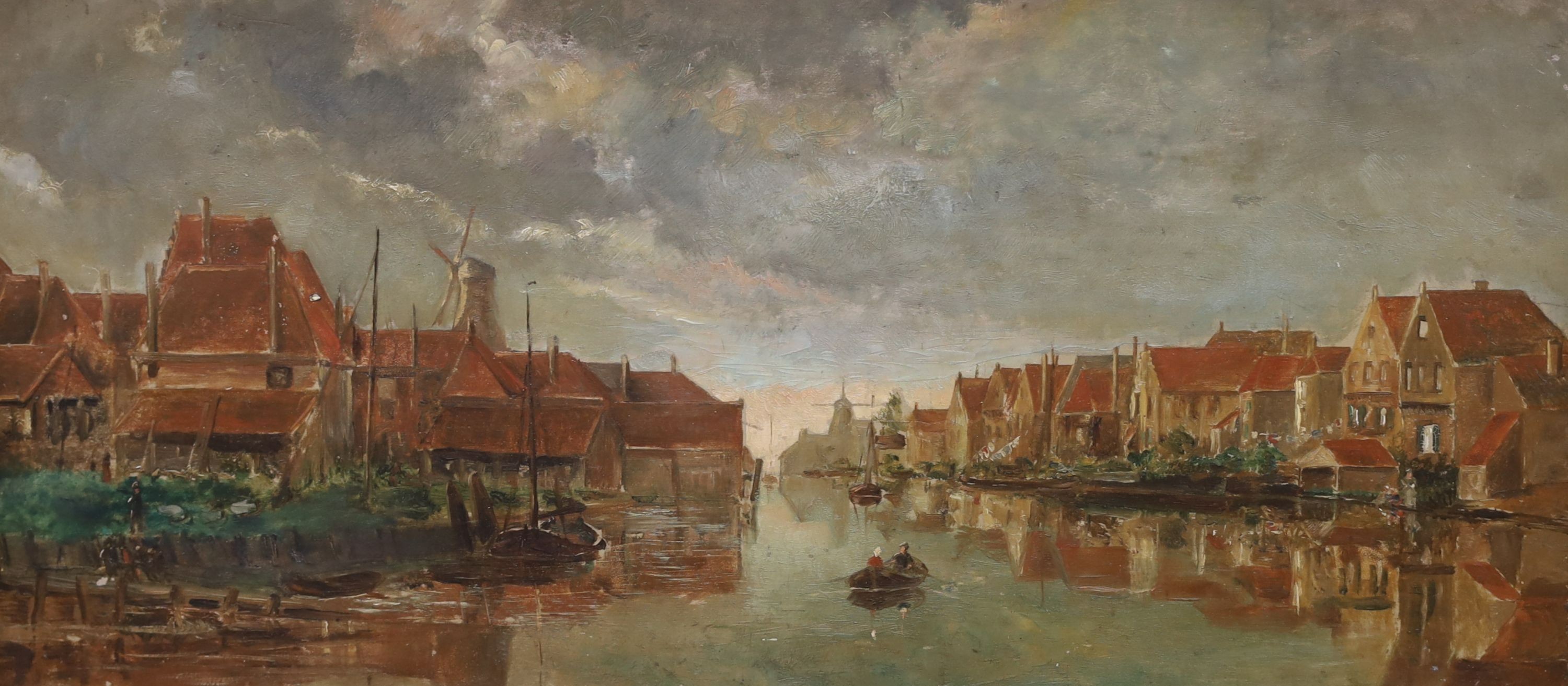 Dutch School c.1900, oil on wooden panel, View of a waterside town, 23 x 50cm